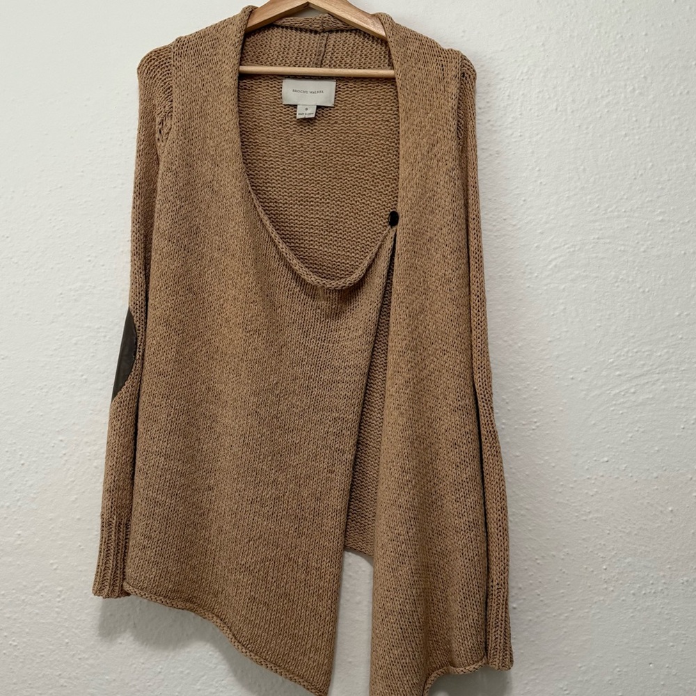 BROCHU WALKER Wrap Sweater ELBOW PATCHES Cardigan  S  Asymmetrical Beige Brown